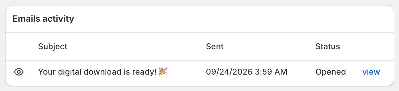 ABC order page, Emails activity card: the download email, sent 09/24/2026 3:59 AM, status Opened, with a view link
