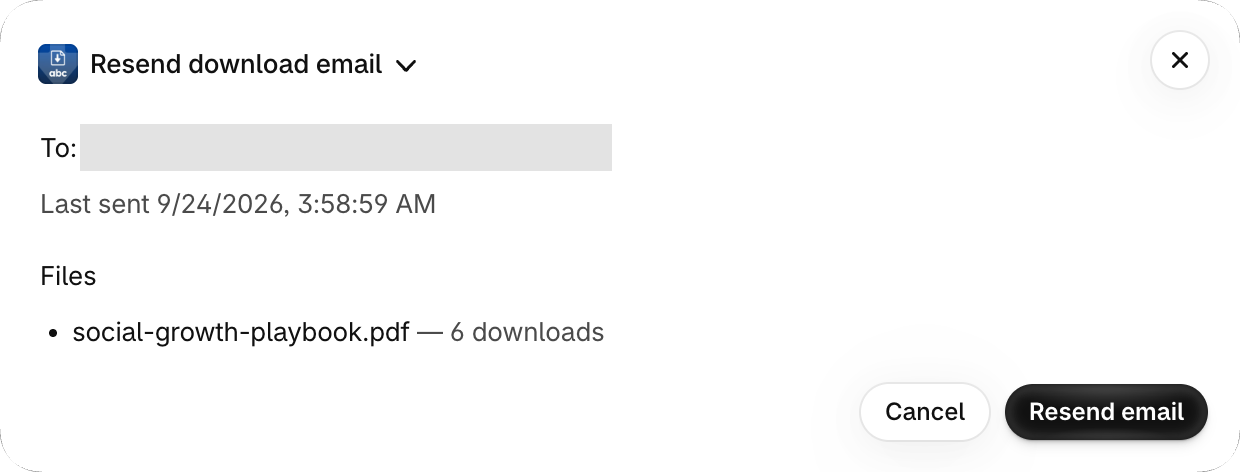 Shopify admin, Resend download email window: To (address hidden), Last sent 9/24/2026 3:58:59 AM, one file, Cancel and Resend email