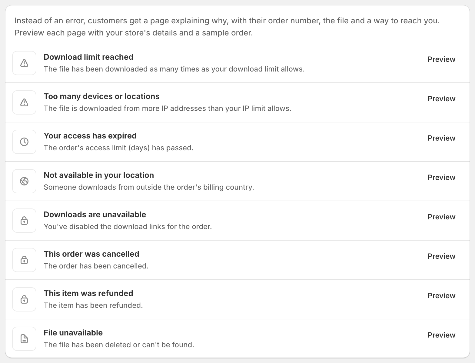 ABC Settings, Blocked download page card: eight pages, from Download limit reached to File unavailable, each with a Preview button