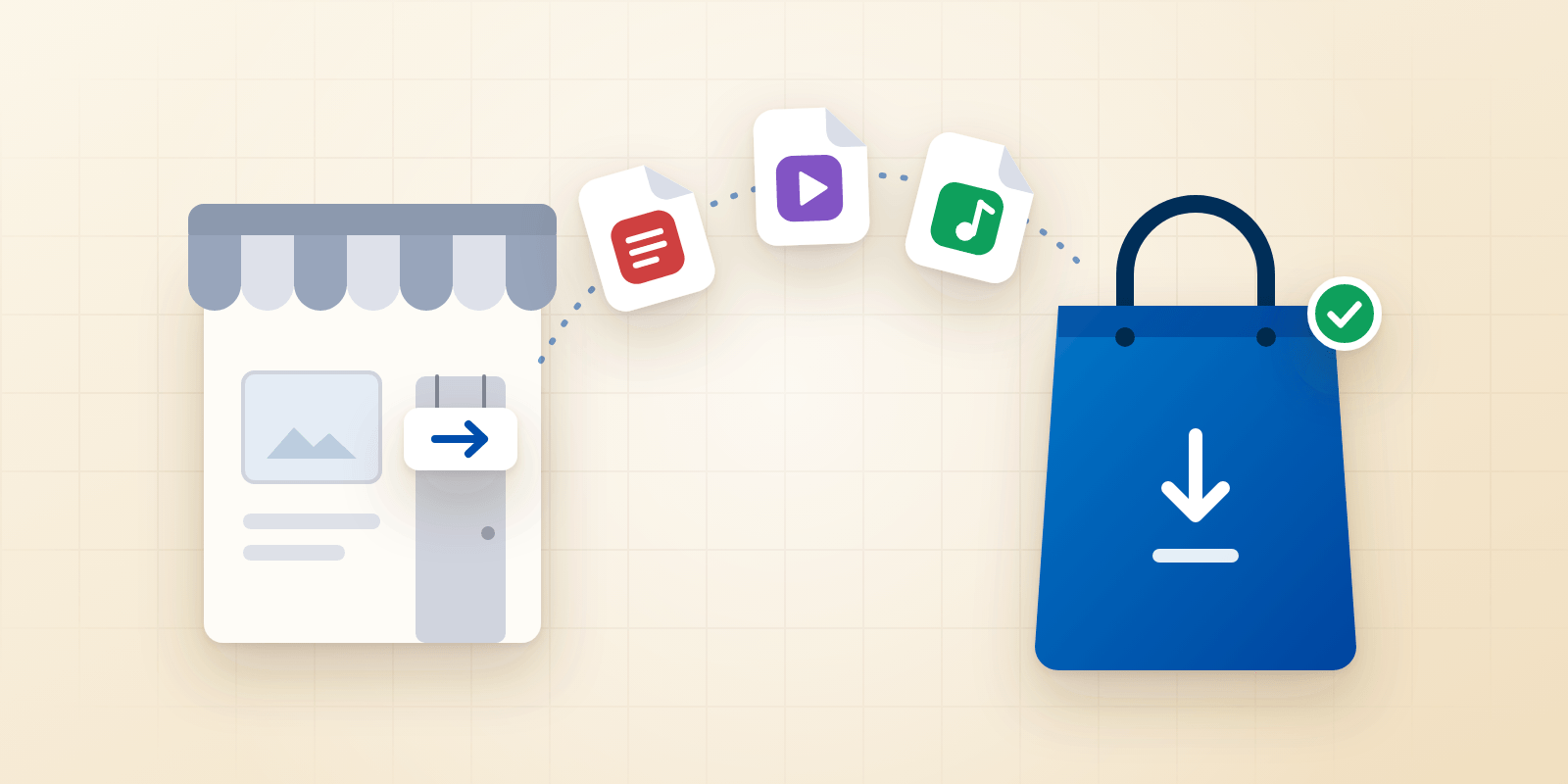 A PDF, a video and a music file moving from an old storefront into a shopping bag