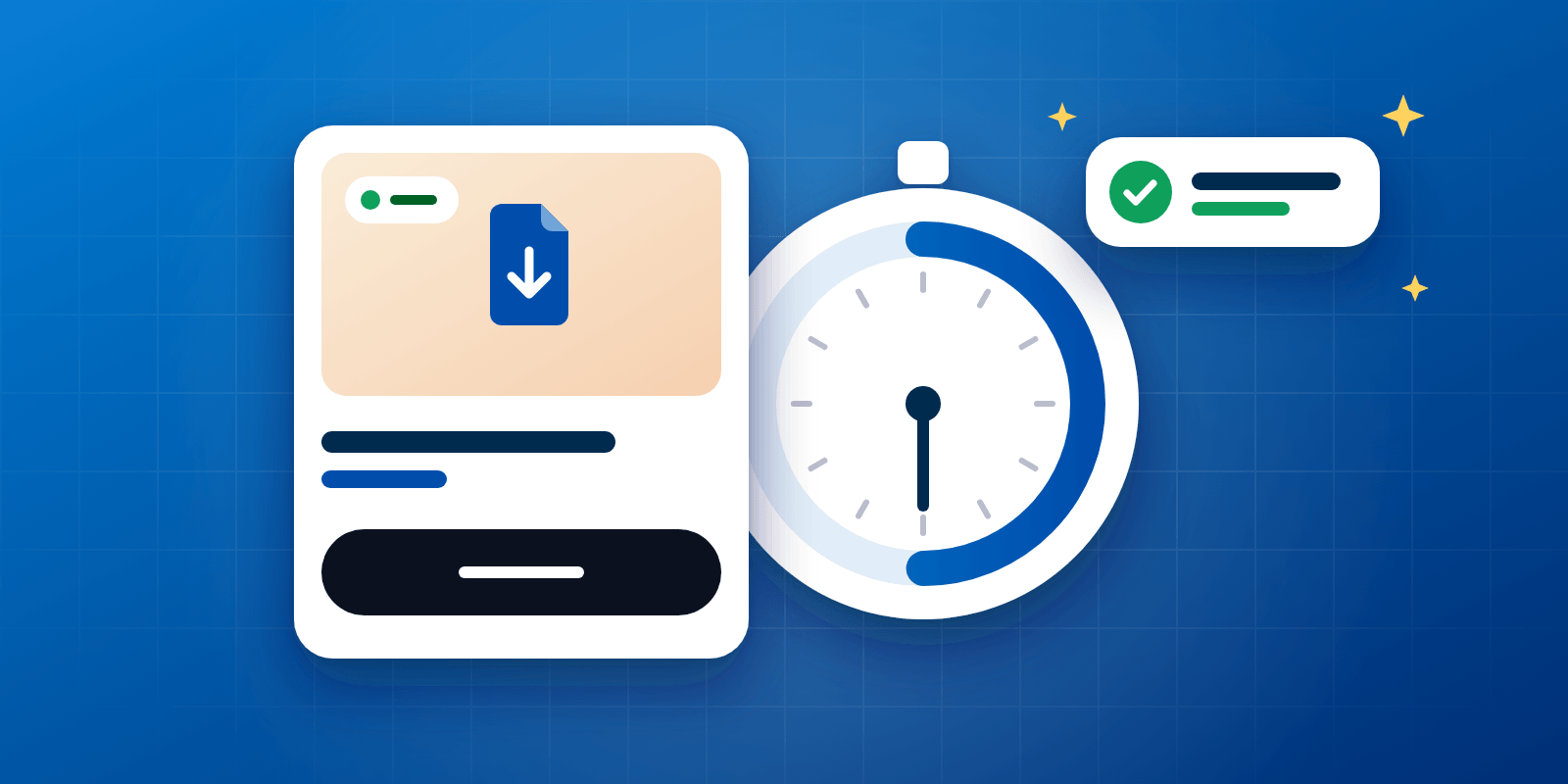 A product card going live beside a stopwatch at the half-hour mark, and a first-sale notification