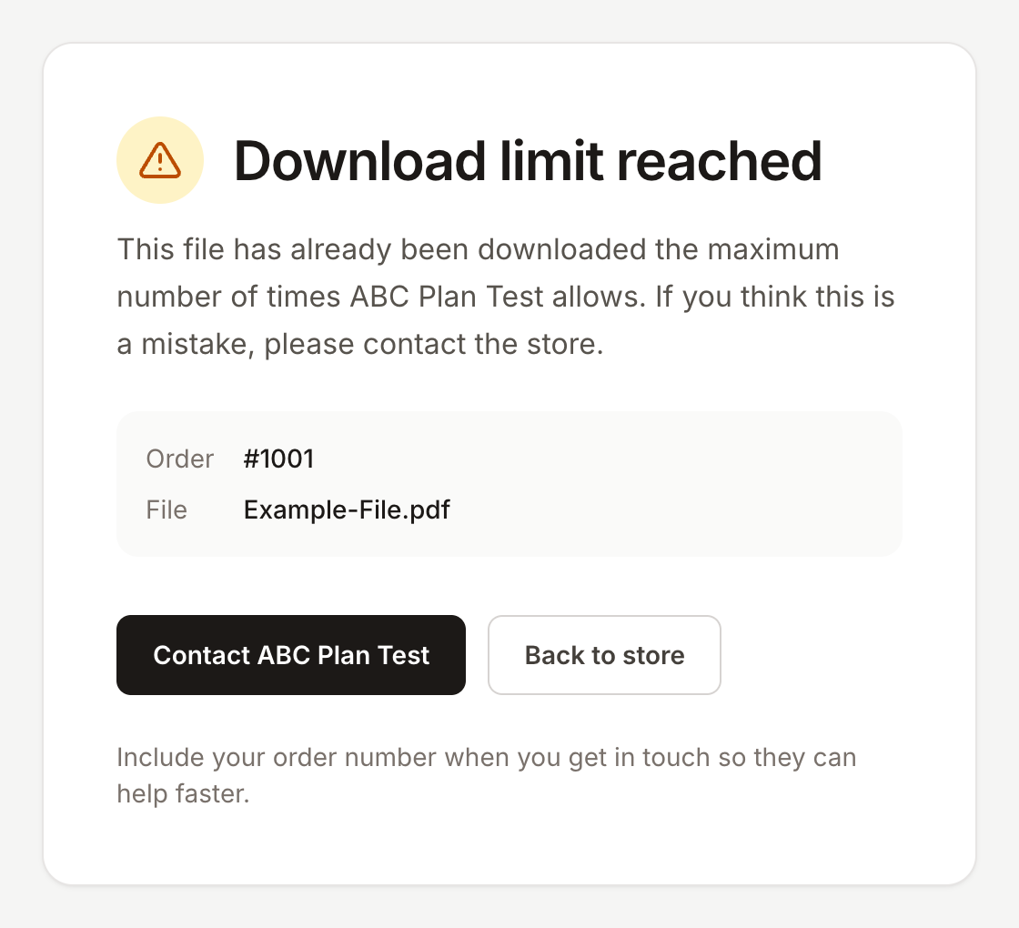 Download limit reached page a blocked customer sees, with the order number, the file name, and Contact and Back to store buttons