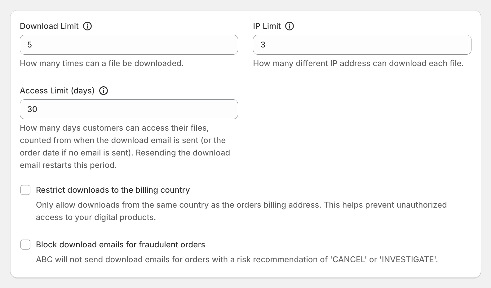 ABC Settings Downloads card with Download Limit 5, IP Limit 3 and Access Limit (days) 30 filled in, and the billing-country box unticked