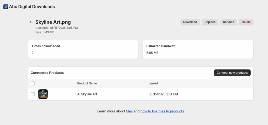 File details page showing download count, estimated bandwidth, and connected products