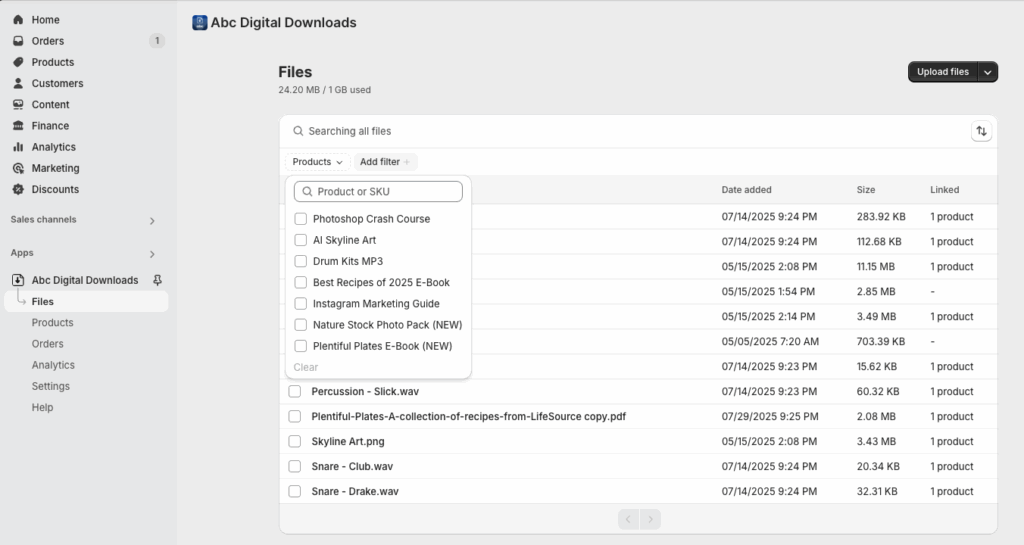 Files section in ABC Digital Downloads with search bar and connected-products filters for finding files