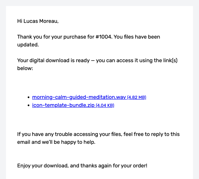 Updated download email for order #1004 with links to a WAV file and a ZIP file, each with its size