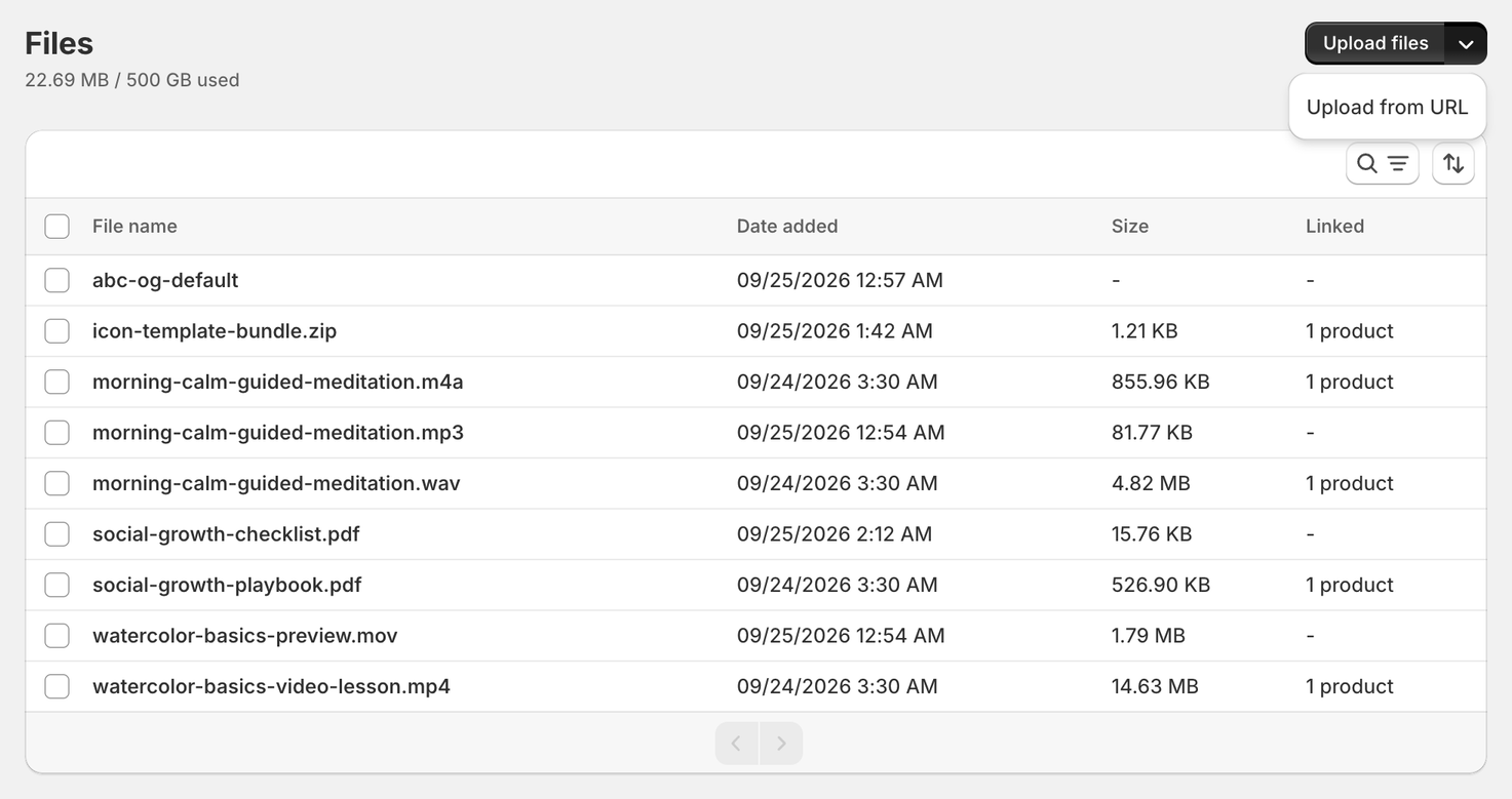 Upload files button in ABC with its menu open, showing the Upload from URL option