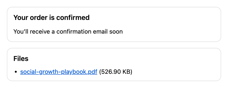 Thank you page after a test order, with the ABC Files block listing social-growth-playbook.pdf and its size