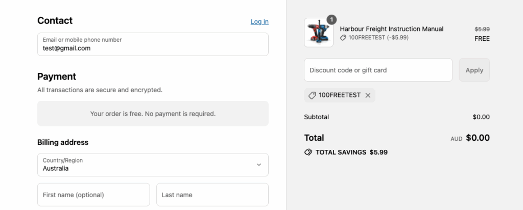 Storefront checkout with the test discount code applied to complete a free order as a customer