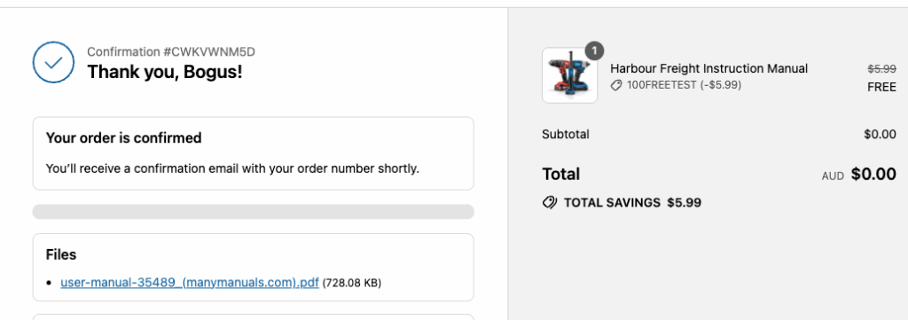 Checkout Thank You page showing the download link for the purchased digital file