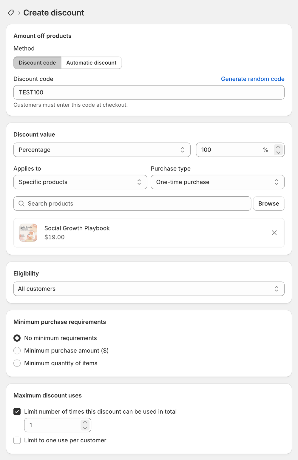 Shopify's Amount off products form set up as a 100% discount code for the Social Growth Playbook, limited to one use