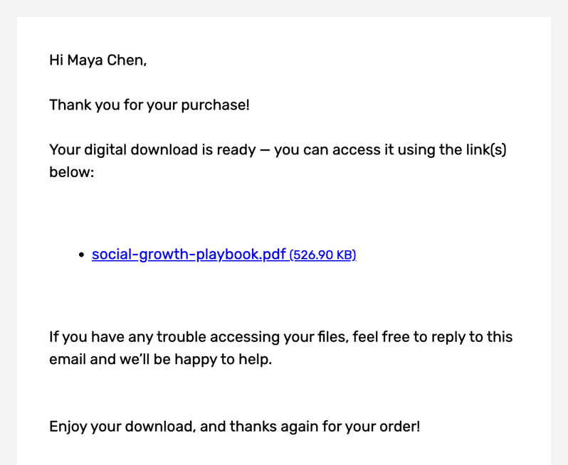 ABC download email for a test order, greeting the customer and linking the file with its size