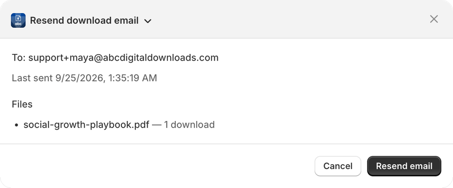 Resend download email window in Shopify admin showing who the email goes to, when it was last sent and the order's files