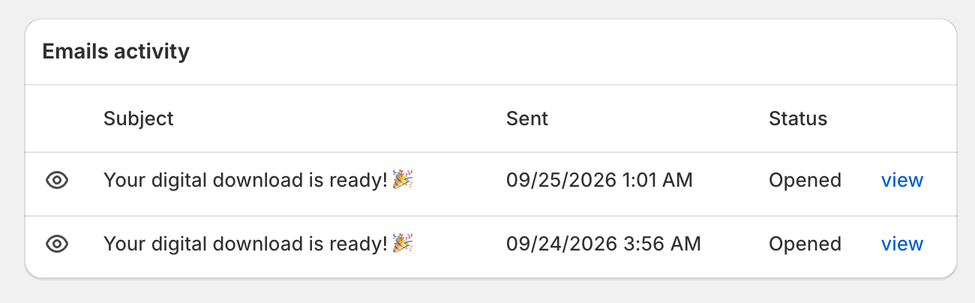 Email activity in ABC Digital Downloads listing the download email twice, each with its subject, sent time and Opened status