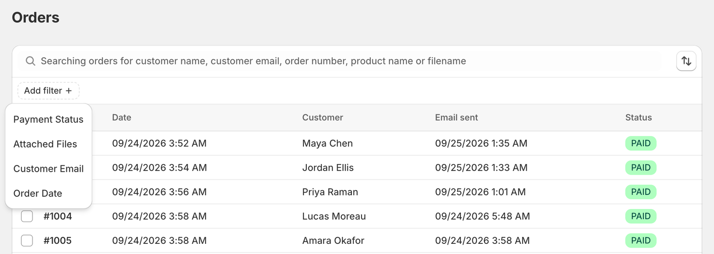 Add filter menu on the Orders page in ABC with the Payment Status, Attached Files, Customer Email and Order Date filters