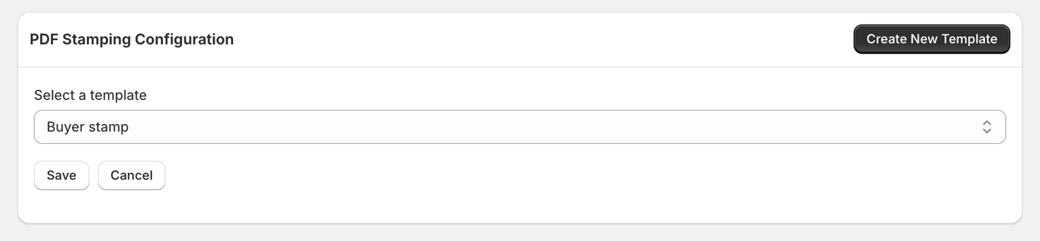 PDF Stamping Configuration card on a PDF's page in ABC, choosing a template to assign