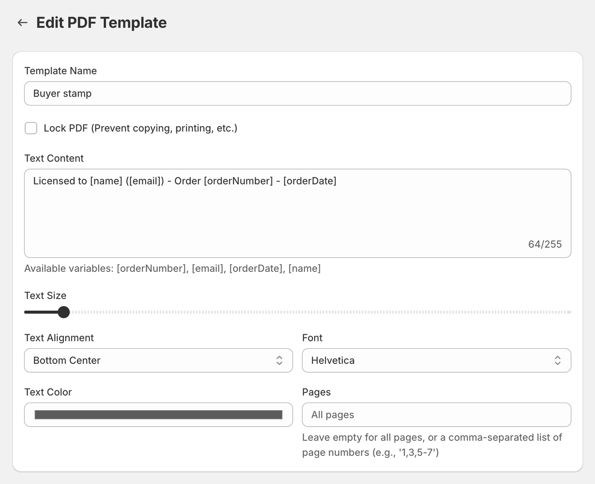 PDF template editor in ABC with the stamp text, variables, text size, alignment, font, color and pages settings
