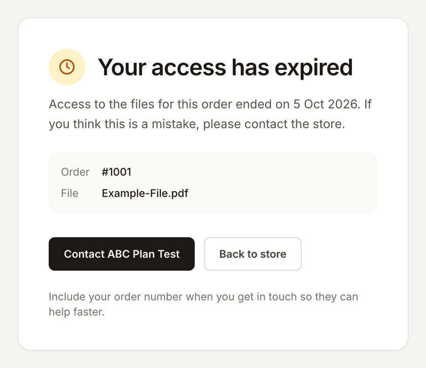 The Your access has expired page, with the order number, the file and a contact link