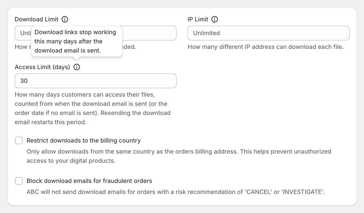 The Downloads section of ABC's Settings, with Access Limit (days) set to 30 and its tooltip showing