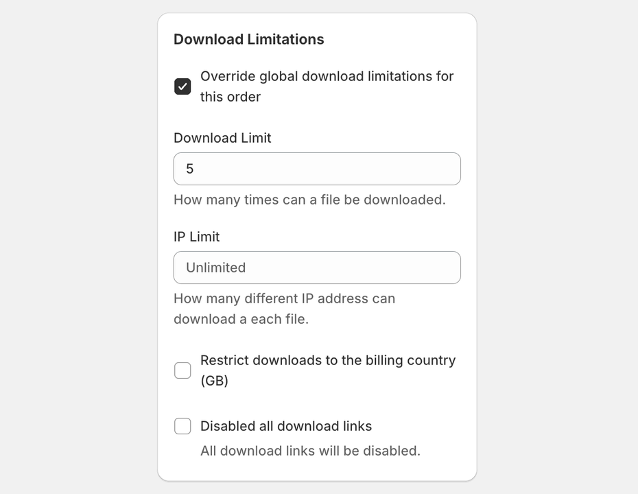 Download Limitations card on an order in ABC Digital Downloads with the override ticked and a Download Limit of 5