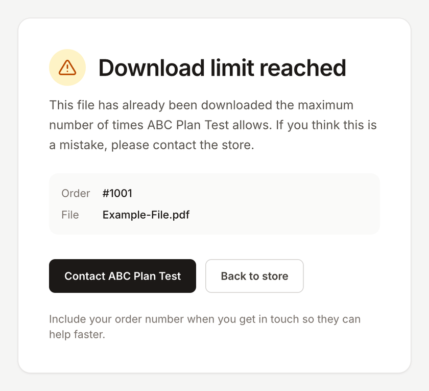 Download limit reached page from ABC Digital Downloads with the order number, the file, and Contact and Back to store buttons