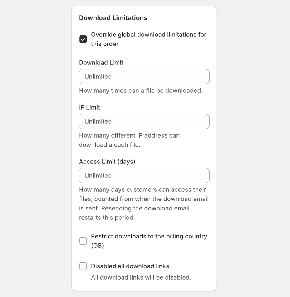 Download Limitations card on an order in ABC Digital Downloads with the override ticked and the Download Limit, IP Limit and Access Limit (days) fields empty, showing Unlimited
