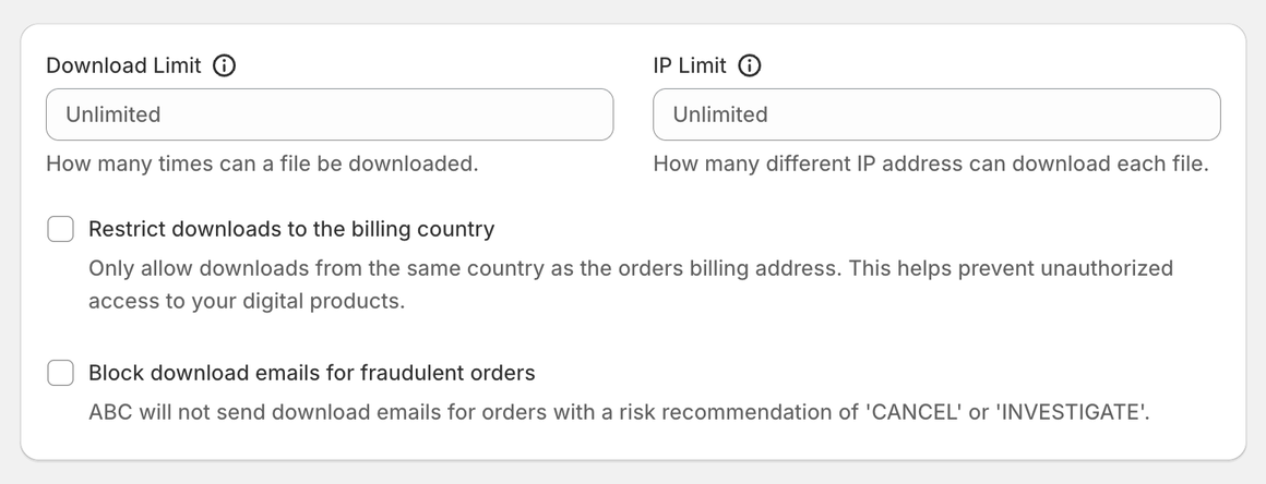 Downloads section of ABC Digital Downloads Settings with Download Limit and IP Limit set to Unlimited and both options unticked