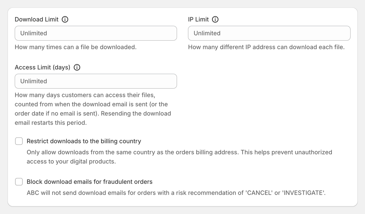 Downloads section of ABC Settings with the Download Limit, IP Limit and Access Limit (days) fields and the billing-country and fraud options